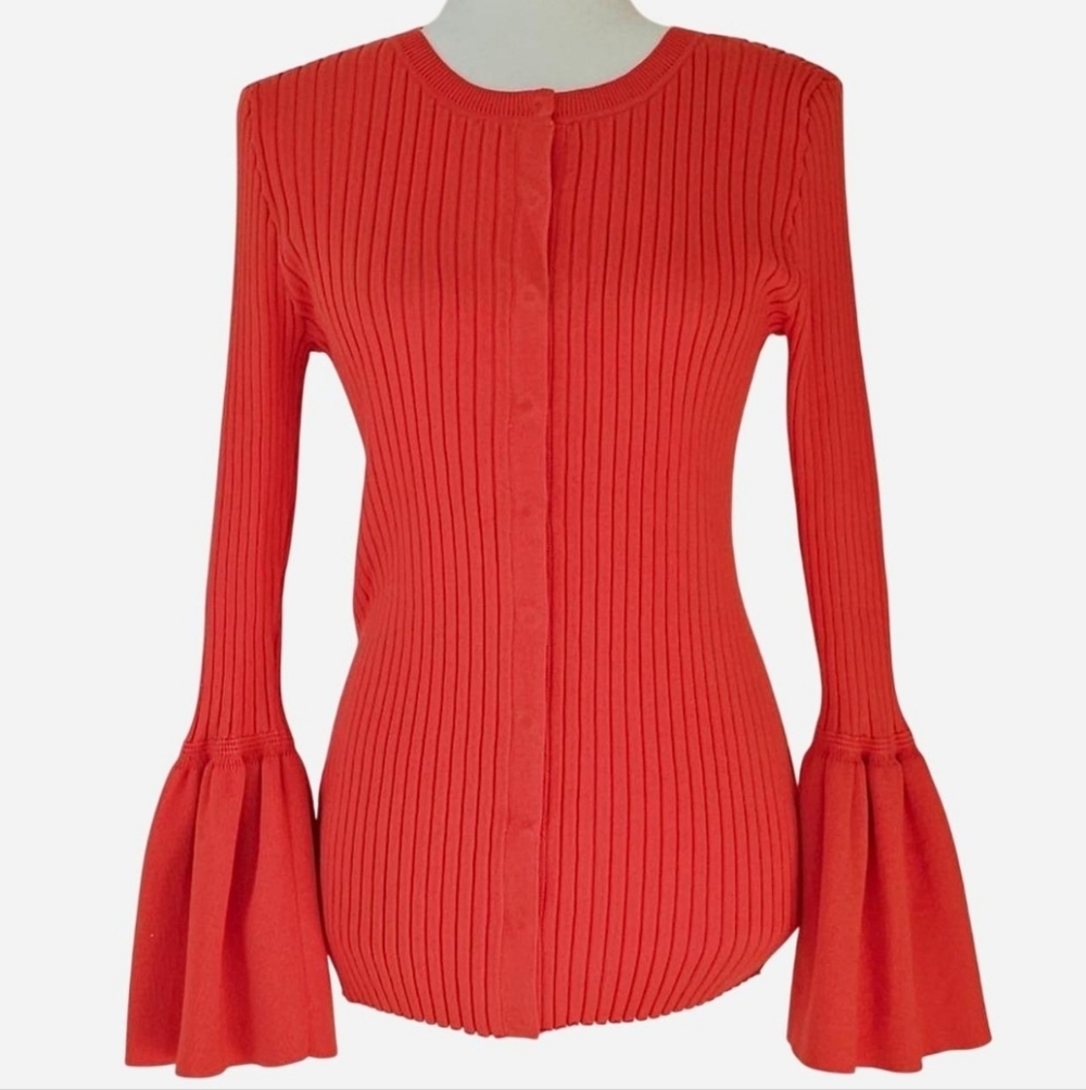 CABI Women's Size M Orange Red Ribbed Button Down Sweater with Bell Sleeves